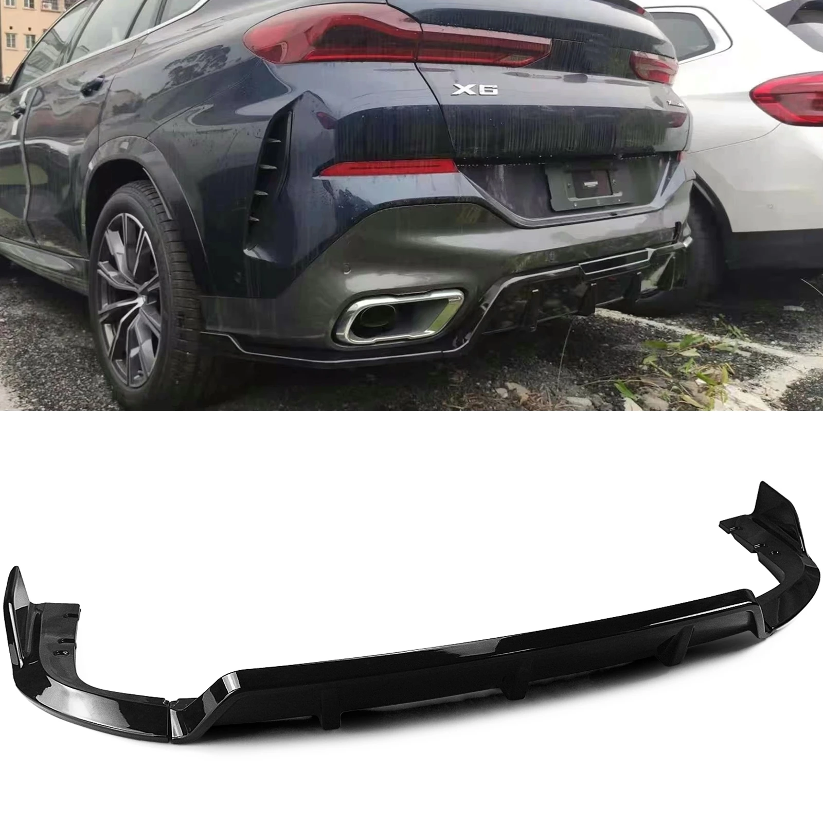 For BMW X6 G06 2019-2021 Rear Bumper Diffuser Lip Glossy Black Car Boot Exhaust Bracket Guard Splitter Spoiler Plate Body Kit