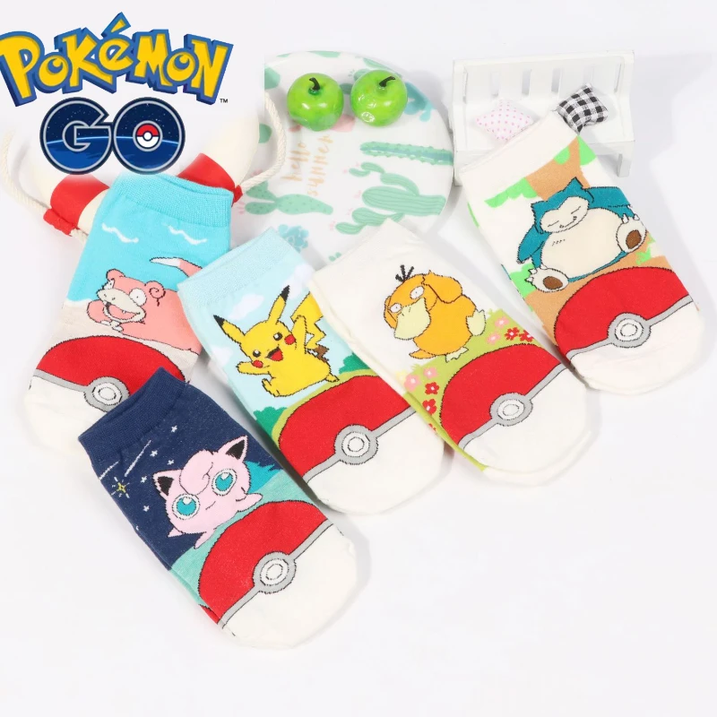 

Summer Pokemon Men's Socks Pikachu Ladies Harajuku Kawaii Anime Character Pikachu Bulbasaur Snorlax Breathable Cotton Short