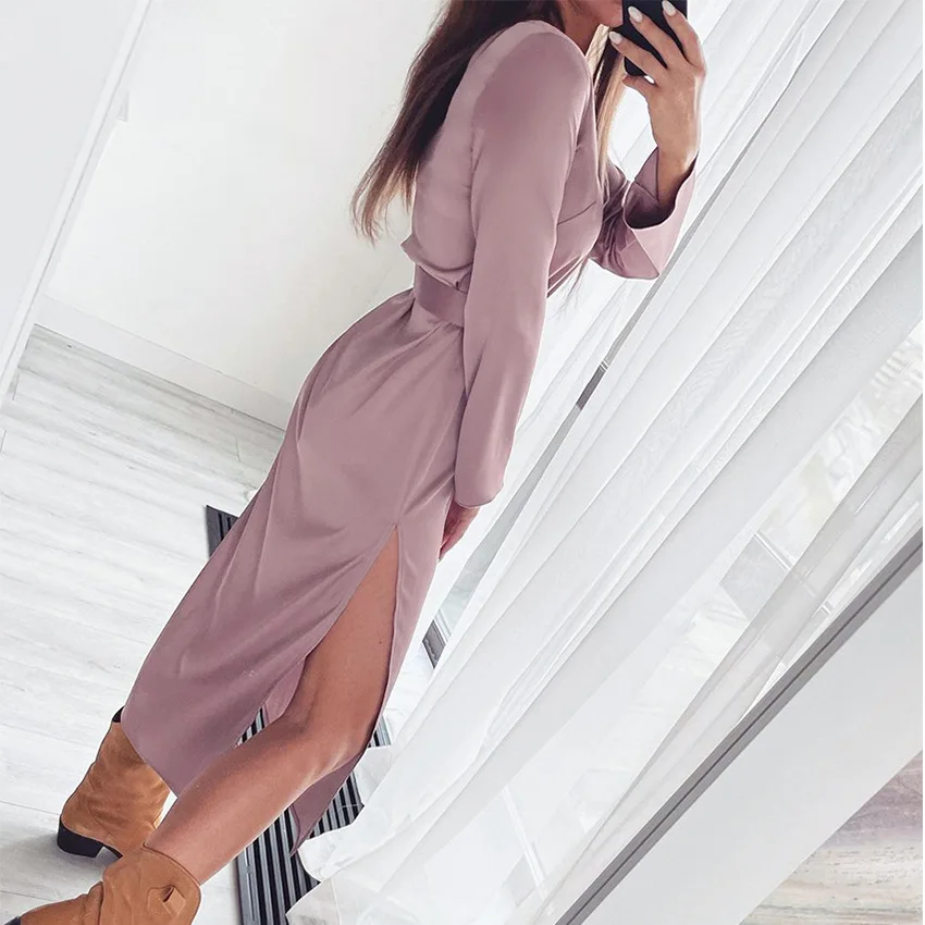 Элегантные атласные роскошные женские платья с V-образным вырезом и длинным