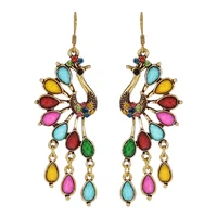 new creative retro colorful peacock ethnic style hollow long earrings unique diamond alloy hook earrings