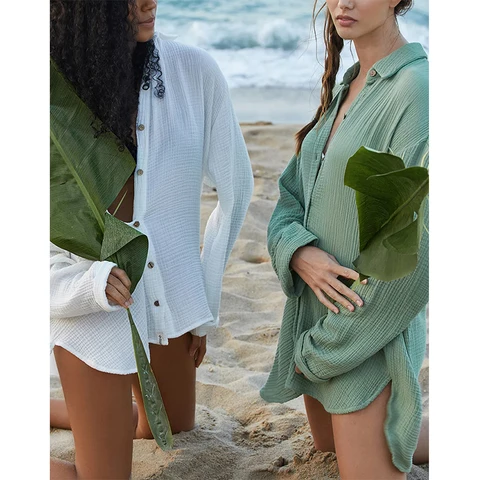 Casual 100% Cotton Gauze Muslin Women'S Shirts Button Up Long Sleeve Blouse Asymmetrical Streetwear Tops Roupas Femininas