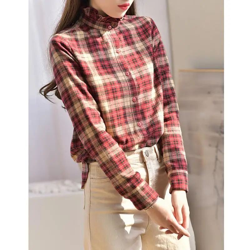 

Brushed Plaid Shirt Women's Autumn Winter Thickening Shirt 2022 New Retro Stand Collar Long Sleeve Blouses for Women