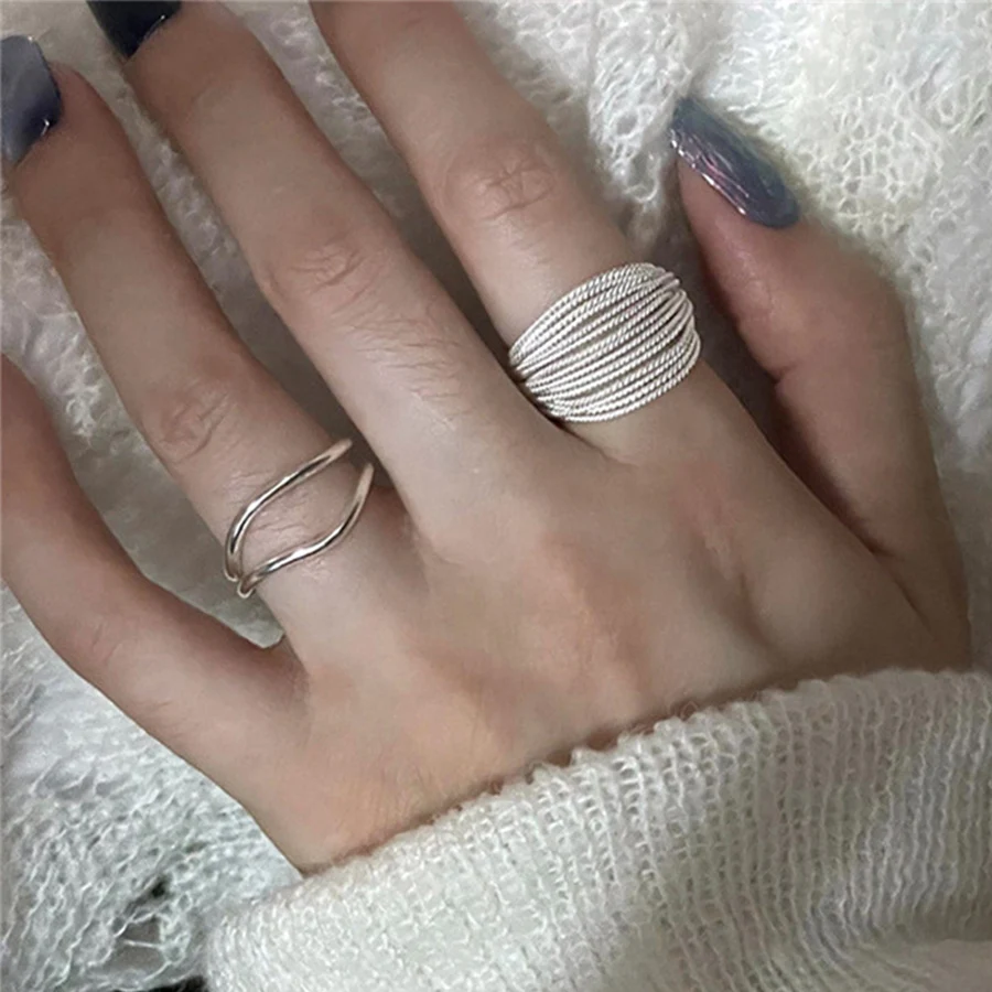 

INS Punk Silver Color Multilayer Twist Lines Open Rings For Women Minimalist Geometric Irregular Knot Heart Rings Party Jewelry