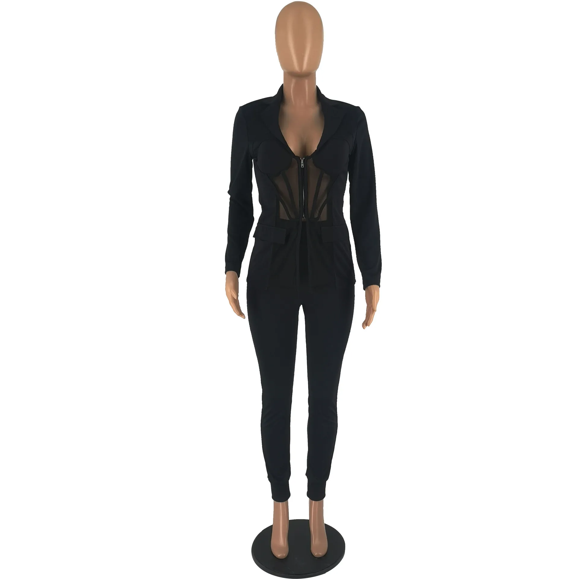 Elegant Sheer Mesh Patchwork Two Piece Set Women Sexy V Neck Corset Blazer Top + Pants Skinny Tracksuit Women Fashion Outfits