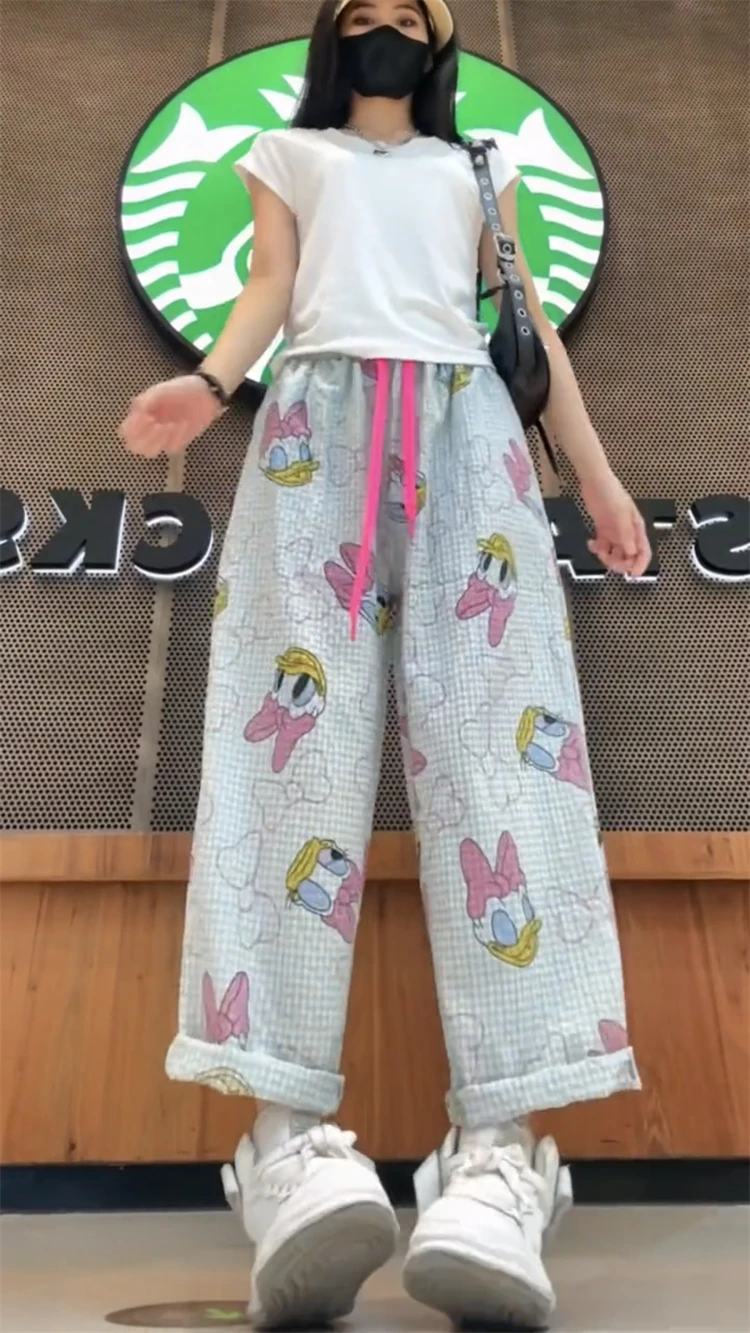 Korean Style Plaid Cute Cartoon Floral Print Casual Jumpsuit Women's Clothing Summer Thin Small Straight Cropped Pants Trousers