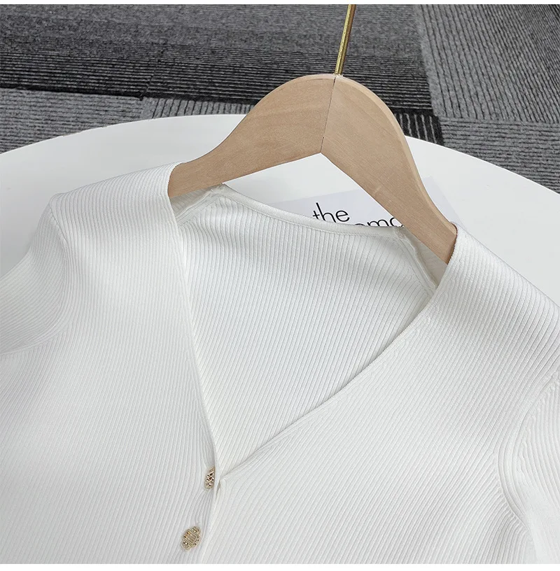 

M Style White Pullovers Tees For Women Short Sleeves Buttons Lady Crop T-Shirt Clothes
