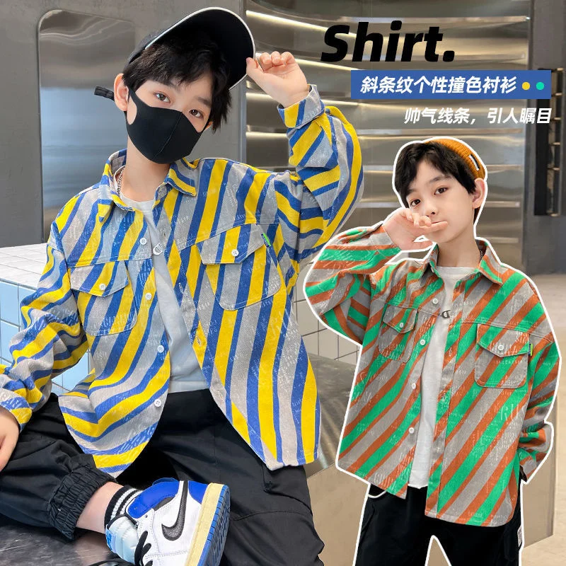 

Boys' Fashion Shirts jacket 2023 New Spring and Autumn Clothing Handsome Mid to Big Boys' Shirts Casual Novelty Top Coat Trend