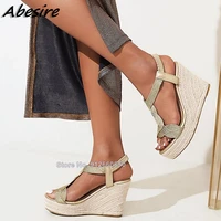 abesire back strap platform sandals weave solid round toe wedges high heel sandals white black sexy summer shoes on heels new