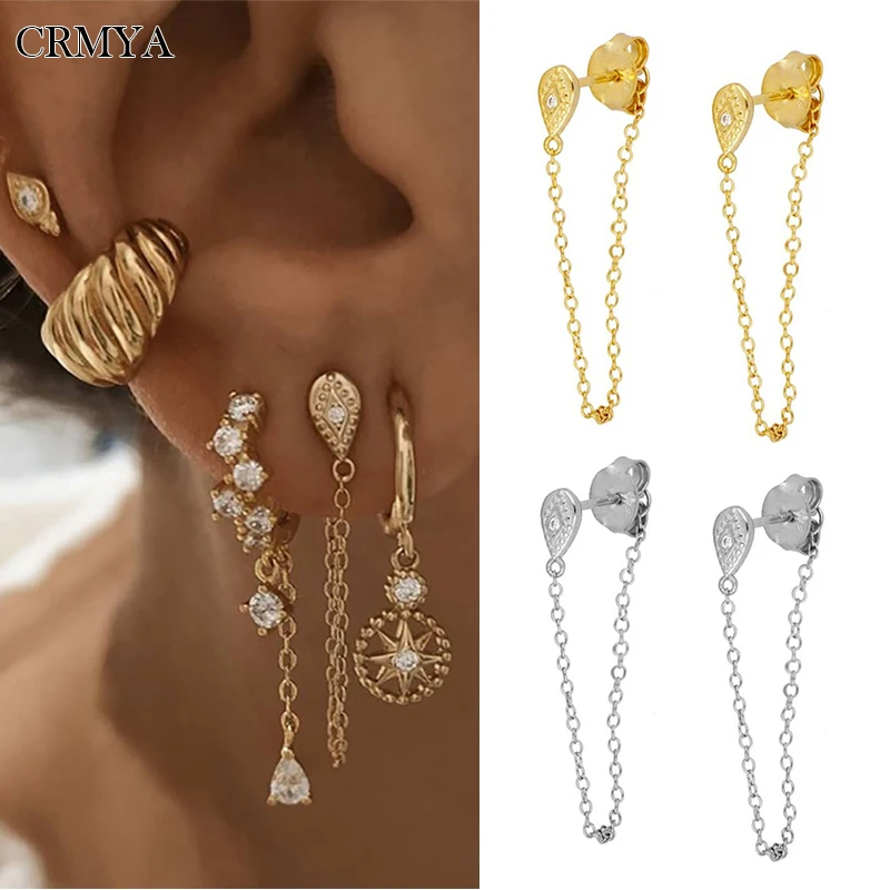 

CRMYA Gold Silver Plated Stud Earrings for Women Vintage Piercing CZ Zircon Chain Earrings 2022 Women Fashion Jewelry Wholesale