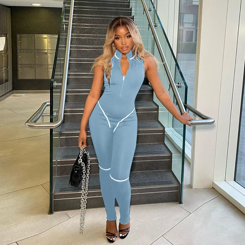 

Wishyear 2022 Sexy Zip Up Bodycon Jumpsuit Sleeveless Fitness Pants Women Summer Fashion Streetwear One Piece Club Outfits