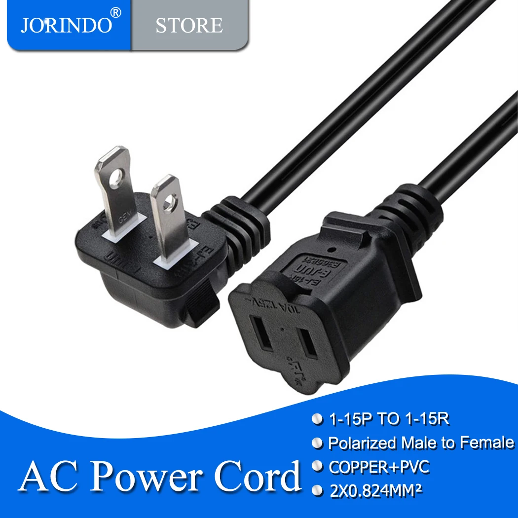 Выдвижной удлинитель jorinдо, 2-контактный штекер-гнездо с поляризацией США, Nema 1-15P-1-15R, 18AWG 0,32 м/1 фут