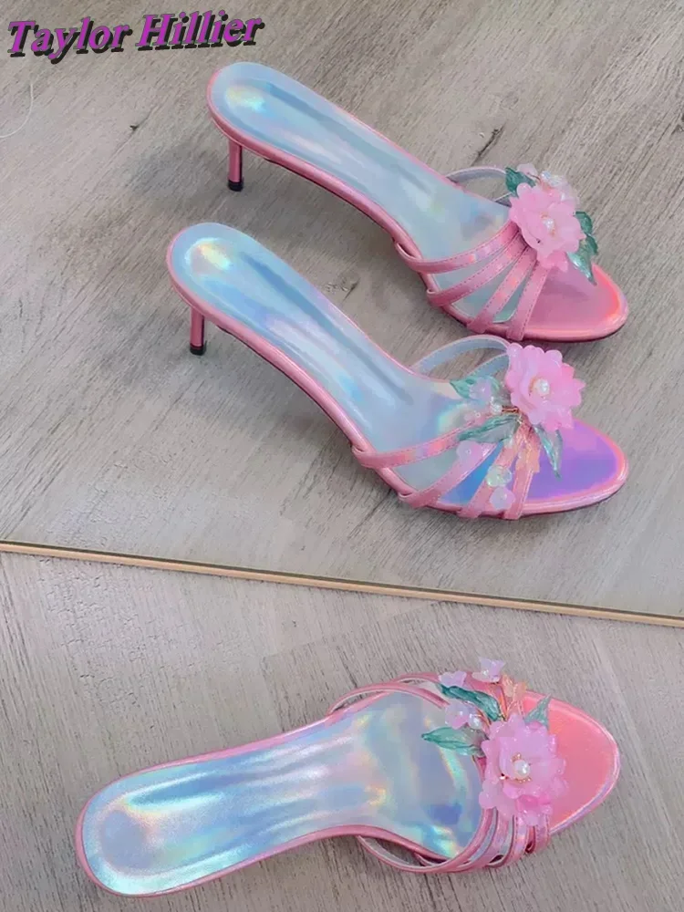 Женские тапочки с розовым цветком Tacones, туфли без шнуровки на высоком каблуке с открытым носком, летняя модная шикарная верхняя одежда, элегантная обувь, большие размеры 2025 г. (art.: 3920cd34f6947) - 3920cd34f6947
