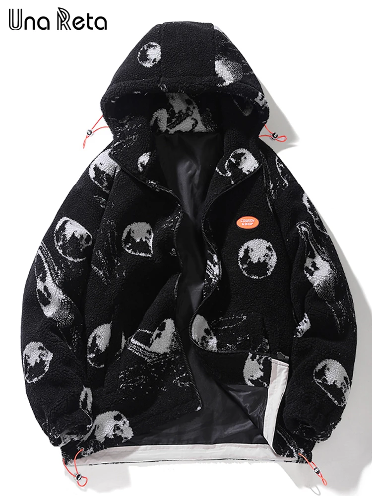 Una Reta Lambswool Parkas Winter Men Clothing Streetwear Print Coat With Hooded Hip Hop Zipper Men's Jackets