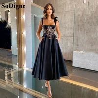 sodigne black satin midi prom party dresses lace embroidery pockets evening dress tea length formal party gowns