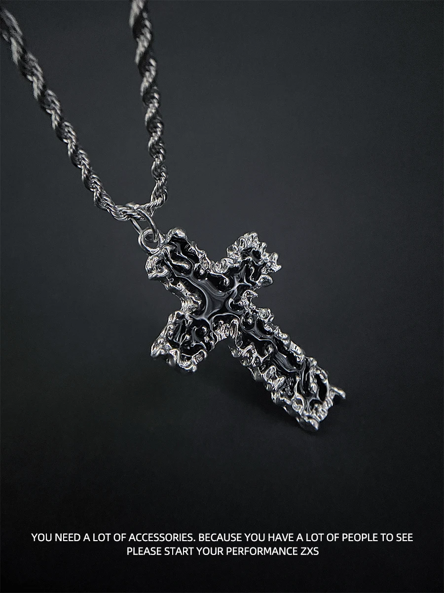 ZXS Cold Wind Thorn Lava Cross Necklace Men's and Women's Trendy Titanium Steel Hip-hop Street Ins Pendant Sweater Chain