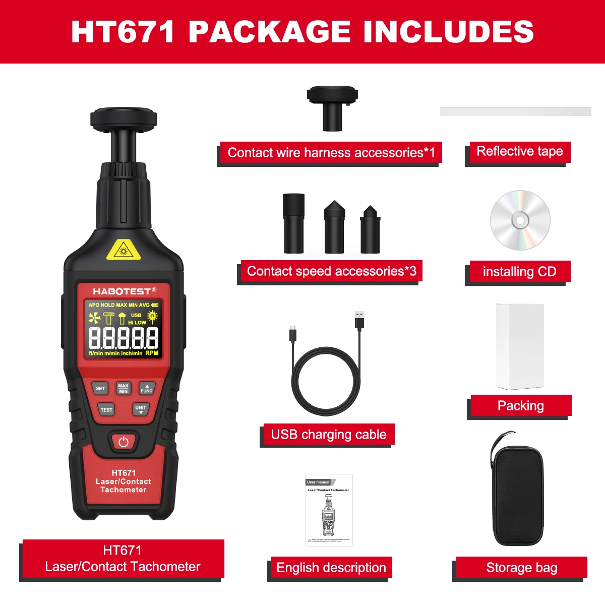 

HABOTEST HT671 Лазерный/контактный тахометр 2-в-1, цифровой лазерный тахометр, макс. 99999 об/мин, спидометр, прибор для измерения скорости