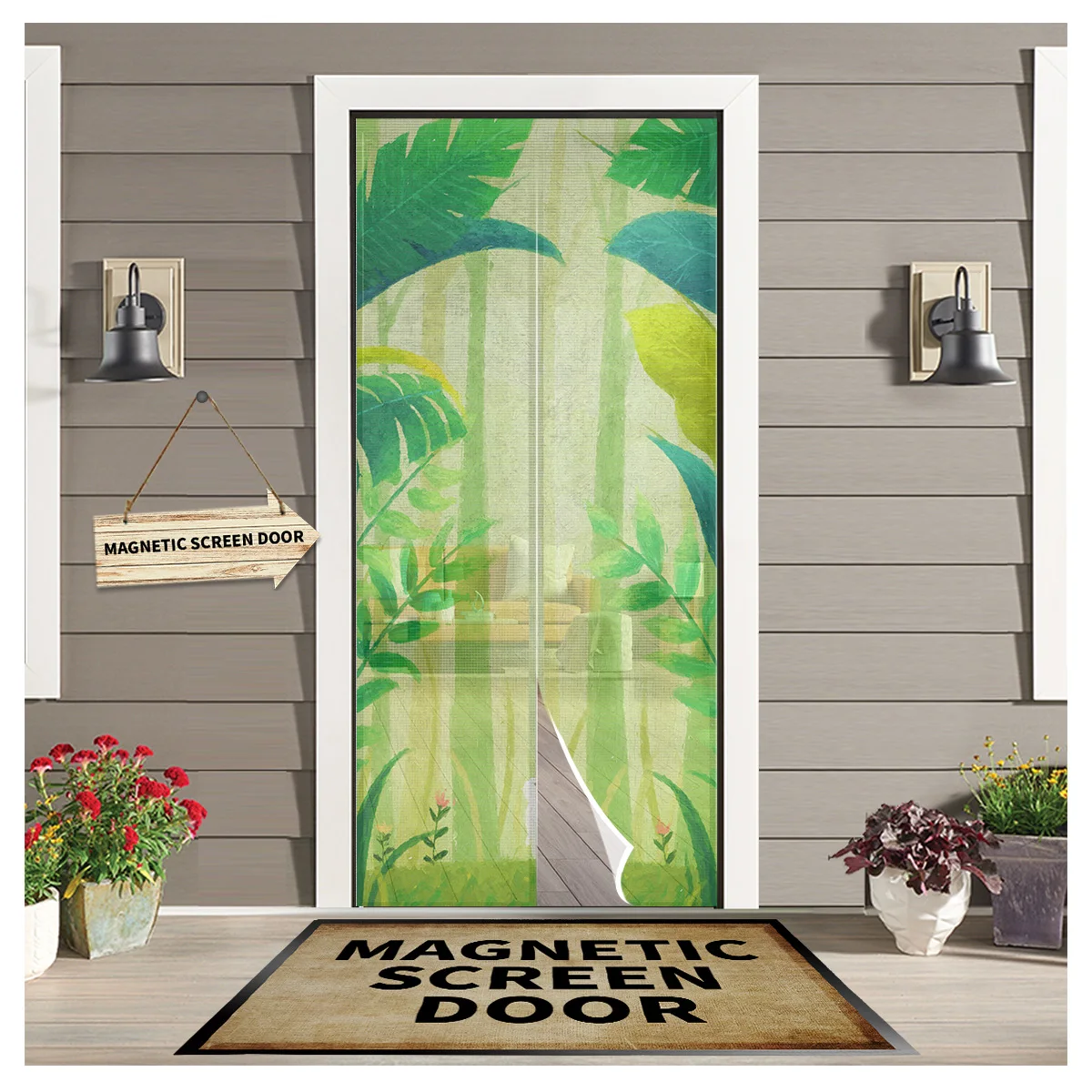 

Green Leaves Woods Rabbit Kitchen Door Curtain Tool-free Magnetic Screen Insect-proof Door Curtain Mesh Bedroom Hanging Curtain