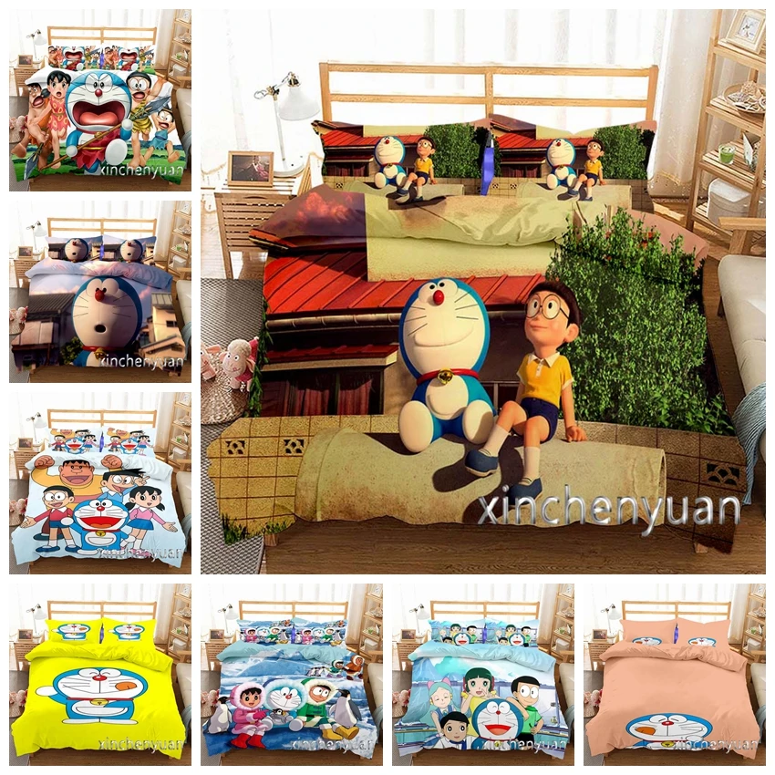 

Комплект чехлов Phechion Anime Doraemon с 3D рисунком, двойной полный королевский комплект постельного белья королевского размера льное постельное белье для молодых K174