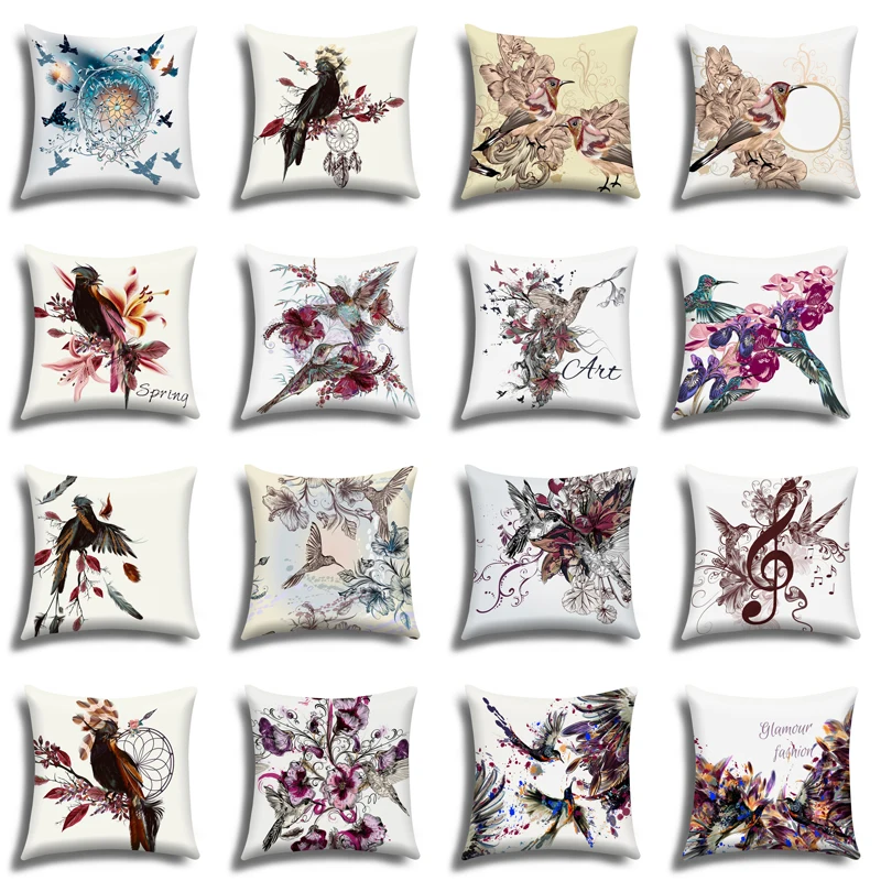 

Painted flower and bird square pillow cushion cover car sofa office chair soft plush pillowcase simple home decoration ornaments