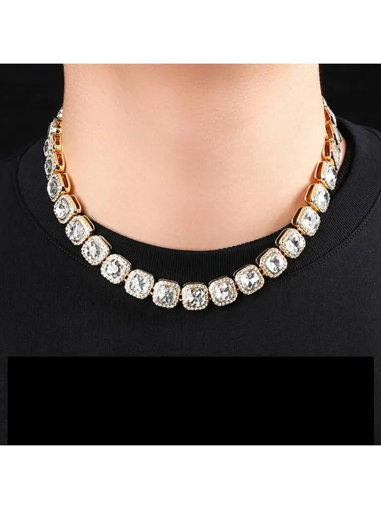 

2022 New Men Women Hip Hop 12mm Sparking 5a Big Cz Square Golden Tennis Chain Iced Out Bling Zircon Charm Fashion Jewelry 50cm