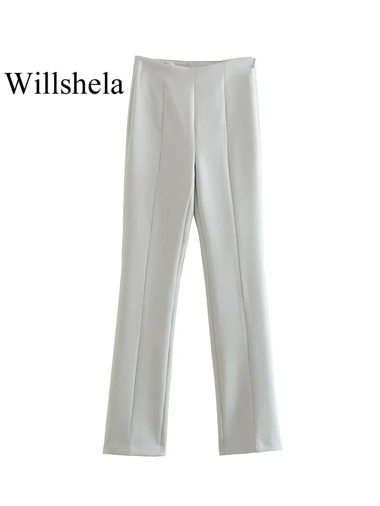 

Willshela женские модные однотонные брюки с боковой молнией винтажные длинные брюки с высокой талией женские шикарные расклешенные брюки