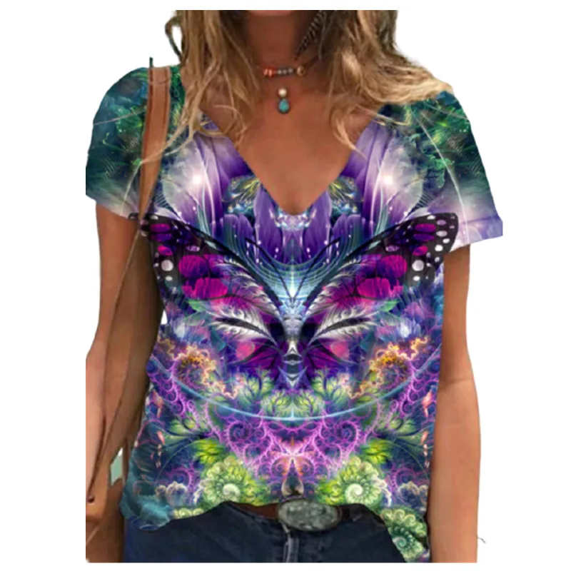 

2021 Summer 3D Butterfly Print T Shirt Women Short Sleeve V-Neck Loose Casual Tops Fashion Female Streetwear Plus Size Tee Shirt