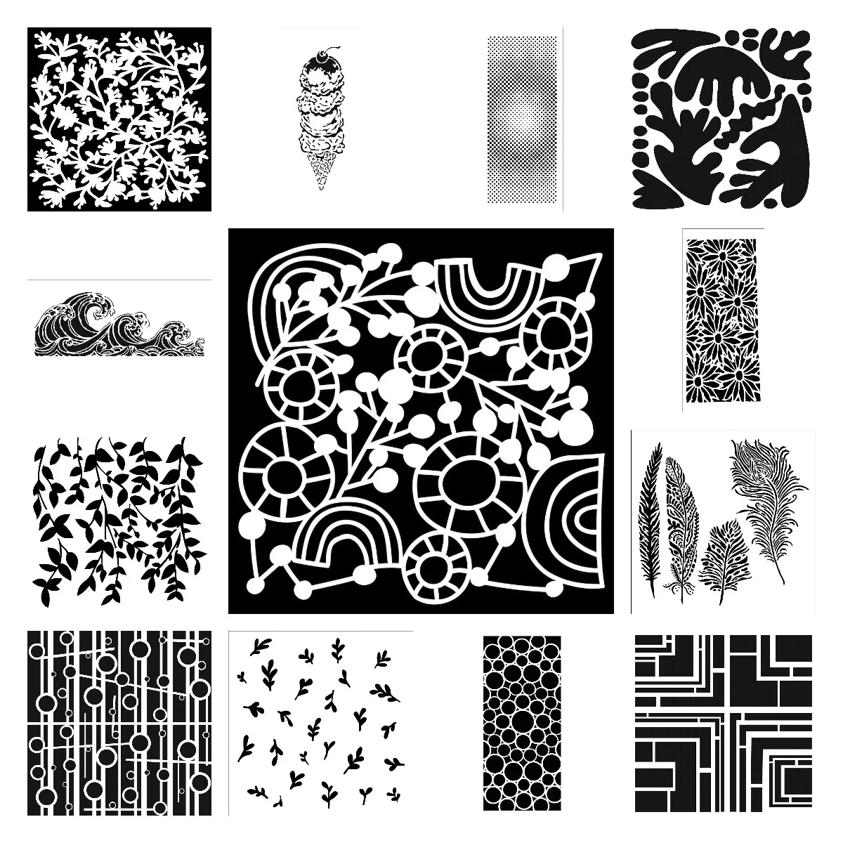 

2022 New Plumes Vines Barberry Music Daisy Bubbled Branch Circles Halftones Ice Cream Cone Ocean Waves Decorate Craft Stencils