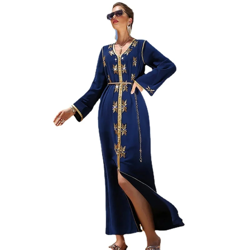 

Moroccan Kaftan Abaya Muslim Women Gorgeous Rhinestones Long Sleeve V Neck Stylish Robe Party Gown Arab Dubai Indie Folk Clothes