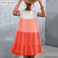 movokaka summer women vintage patchwork dress casual holiday loose ruffles vestidos butterfly sleeve o neck short dresses party