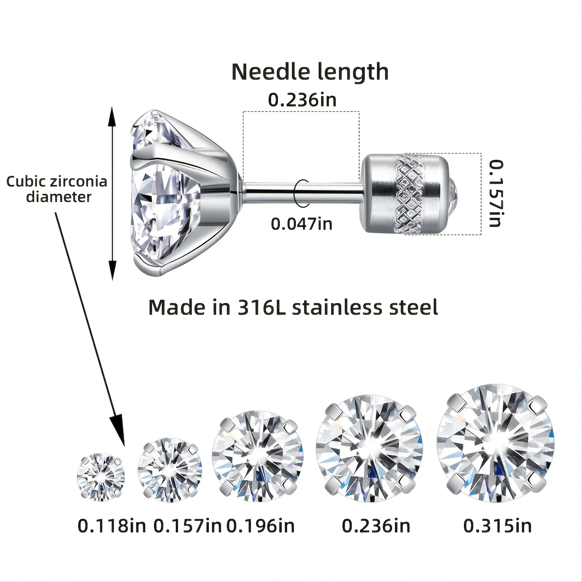 Earrings Screw Bag Square O-ring Stitch 16G Spiral Probe Sensitive Ear Low Toleration Stainless Steel Zicron Earring Set