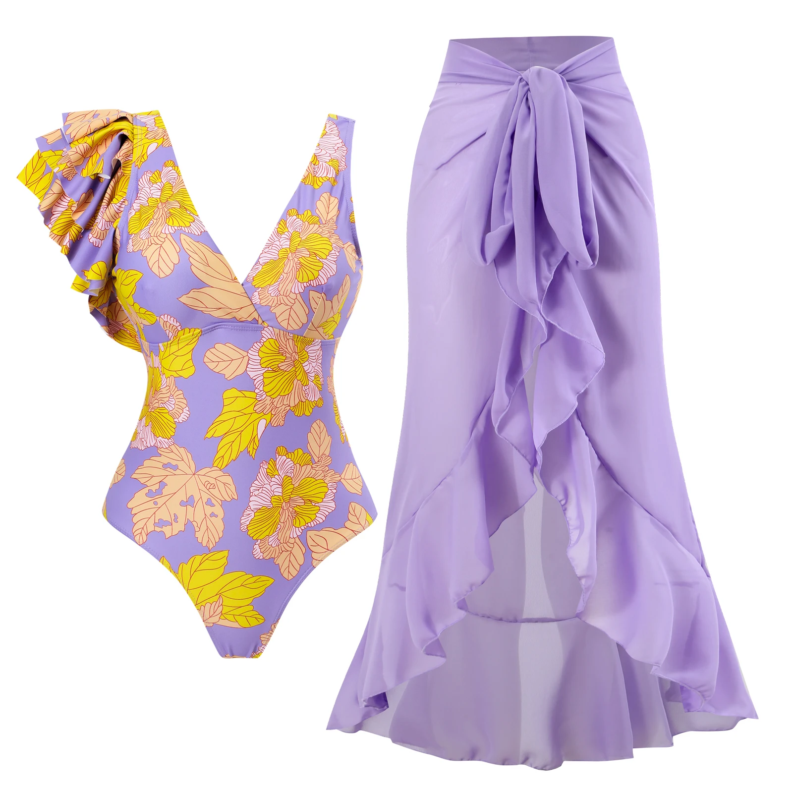 

Female Retro One Piece Swimsuit Swimwear Skirt Cover Up Deep-v Holiday Beachwear Bathing Suit Summer Surf Wear