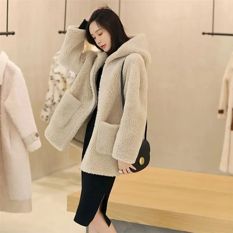 Women Hooded Jacket Winter Thicken Warm Imitation Lamb Wool Outerwear Korea Fashion Casual Loose Solid Coats Female Clothing