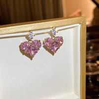 2022 korean new pink zirconia heart earrings for women party wedding bijoux crystal love boucle oreille femme brincos