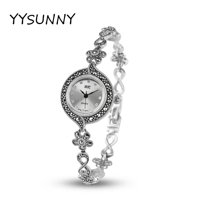 YYSUNNY Vintage Round Ladies Watch S925 Sterling Silver Flower and Cycle Symbol Bracelet for Women Elegant Jewelry Birthday Gift