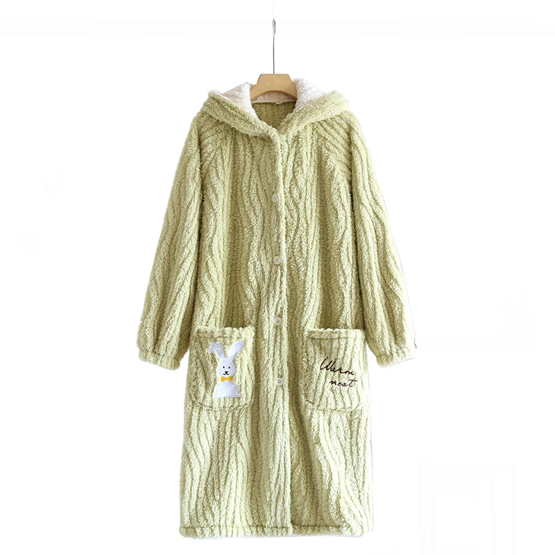 Autumn Winter Cute Pajamas Women Flannel Nightgown Thickened Coral Velvet Korean Pajamas Housewear Suit Warm Hooded Bathrobe