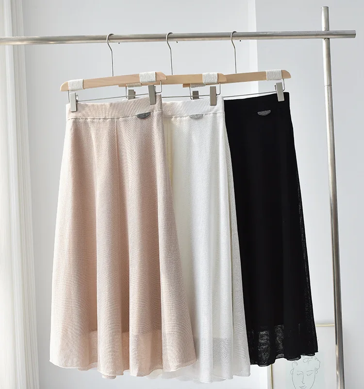 

Women Midi Jupe Solid Color Loose Fit Beaded Elastic Wasit Skirt Casual