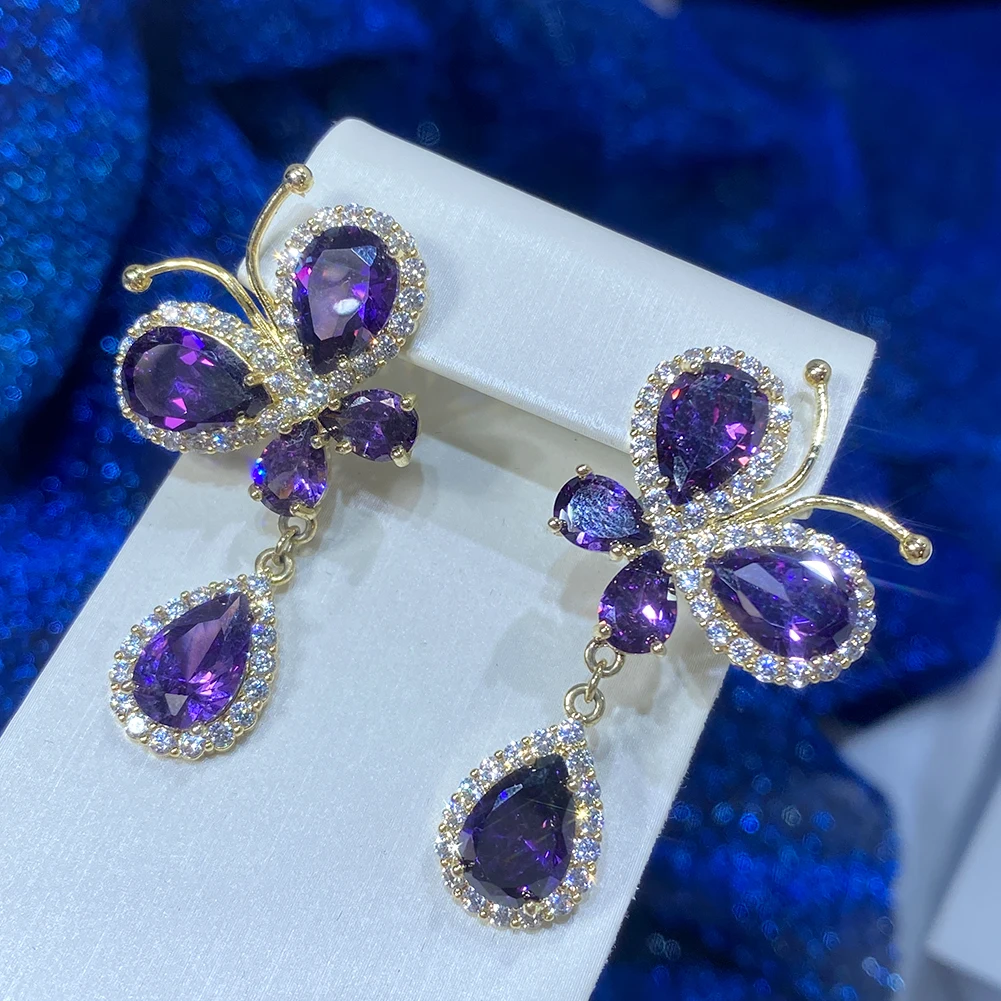 

Женские серьги в форме бабочки, фиолетовые, небесно-голубые серьги с кубическим цирконием, модные ювелирные украшения для девочек, подарки, ...