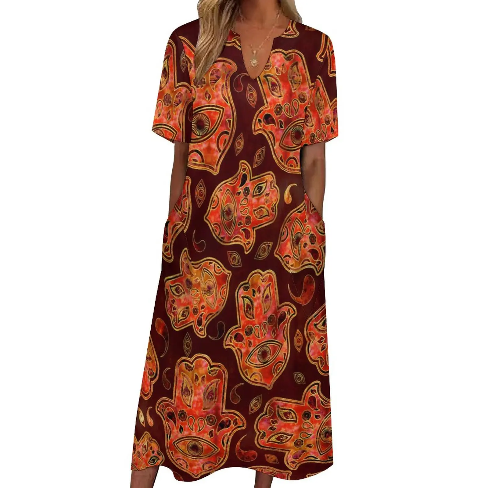 

Hamsa Hand Dress Summer Hand of Fatima Street Fashion Boho Beach Long Dresses Woman Modern Maxi Dress Birthday Gift