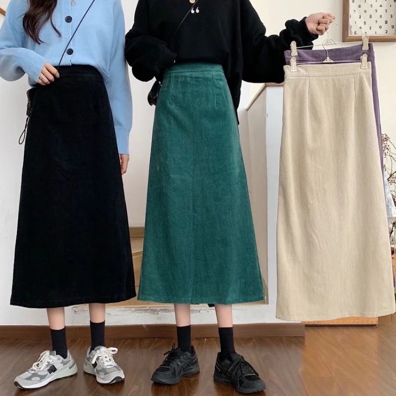 

Women Skirt Elegant Vintage High Quality Corduroy Solid Color Fashion Empire Waist Skirts Female Slim Fitting A Line Skirts
