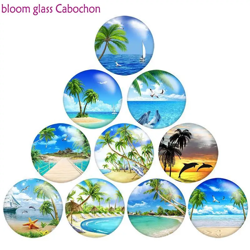 Голубой пляжный Круглый Фото Кабошон из смолы демонстрация с плоской задней