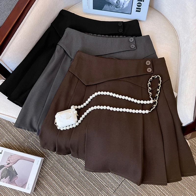 

Rimocy Spring Summer Pleated Mini Skirt Women 2023 High Waist A-Line Short Skirts Woman Korean Solid Zipper Unif Skirt Ladies