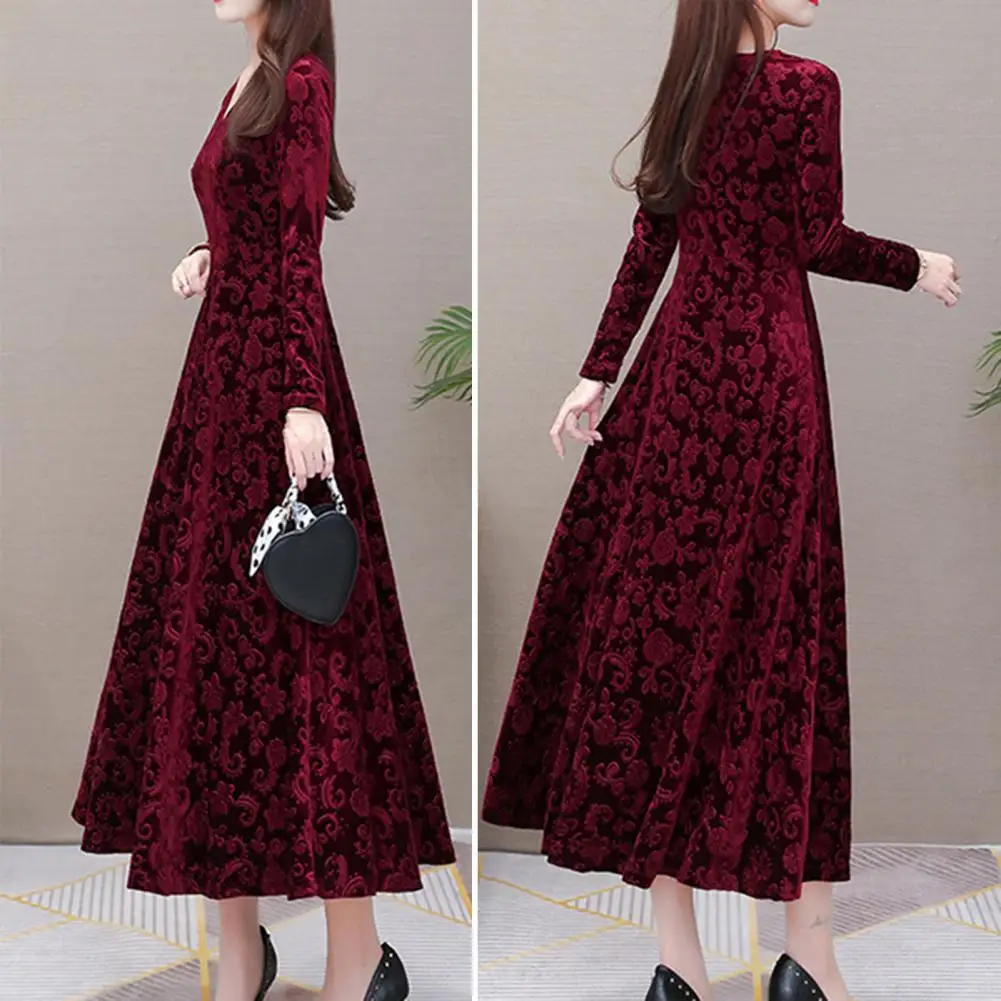

Dressing Up Breathable Pleated Swing Large Hem Pure Color Velvet Dress for Party