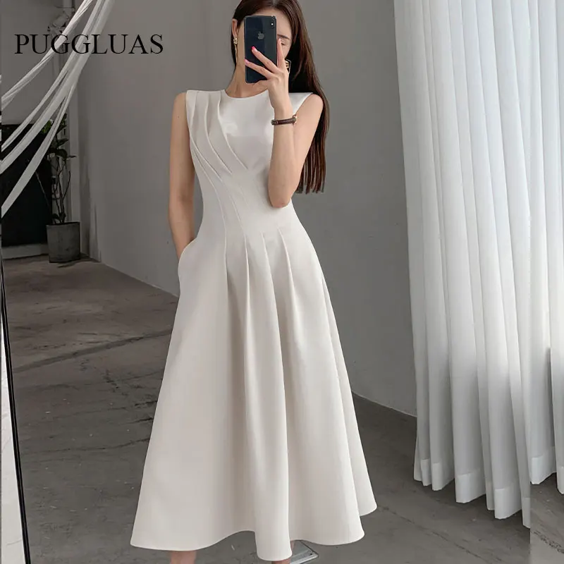 

2022 Summer Women White Fashion Design Elegant Casual Party Dress O Neck Sleeveless Ruffle Tank Sundress Female Vestido Korean