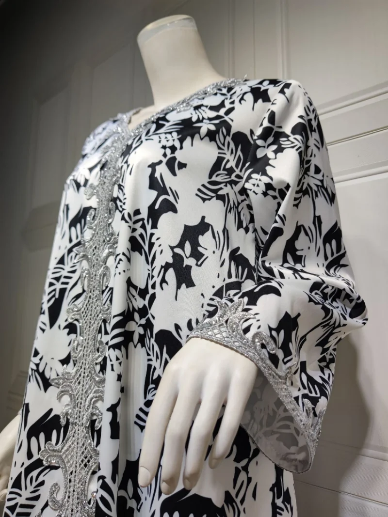Eid Abaya for Women Muslim Dress Morocco Print V Neck Kaftan Evening Dresses Woman Dubai Turkey Islam Robe Femme Vestidos Caftan
