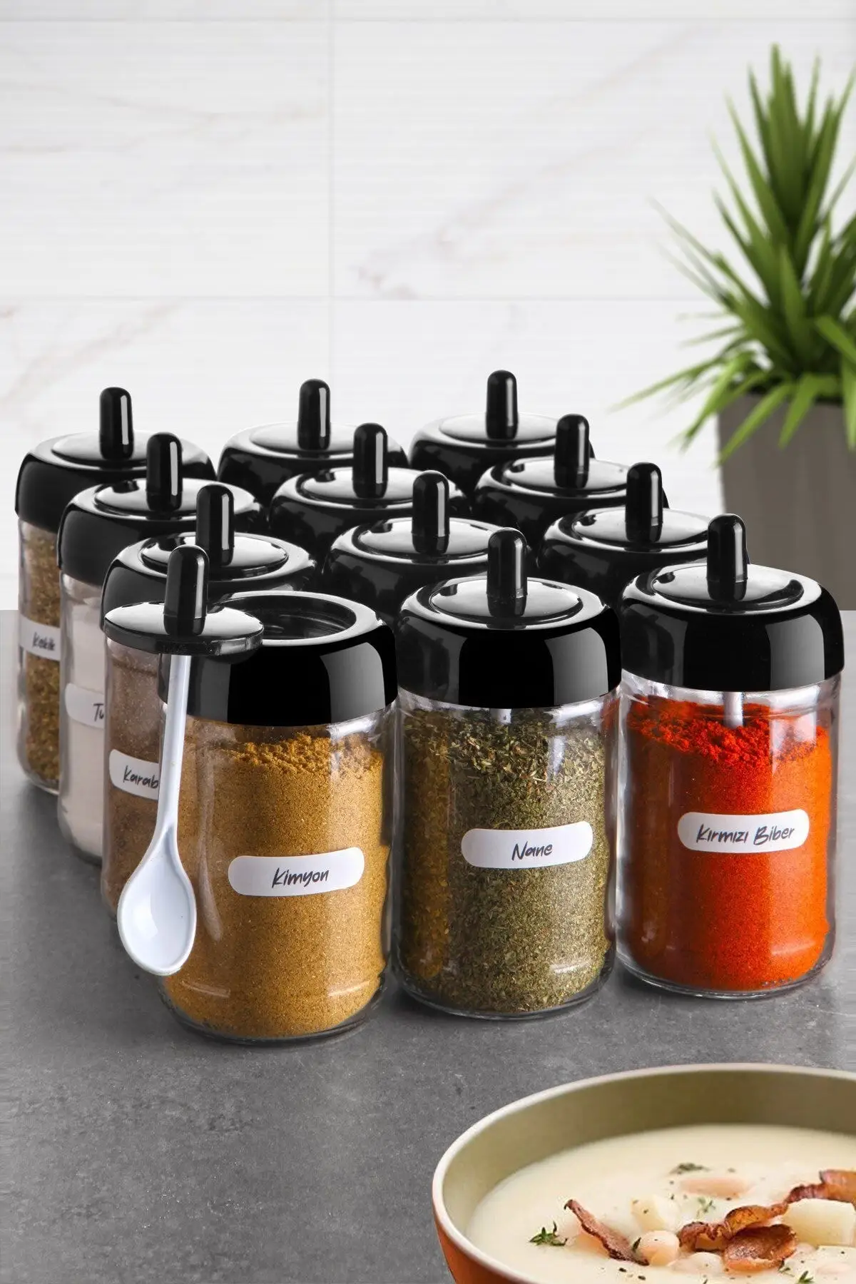 

12 Pieces Spice Set With Covered Spoon And Label - (300 ML) Labeled Glass Spice Set