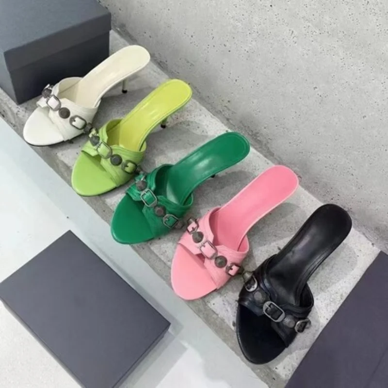 2023 New Slim High Heels One Step Women's Genuine Leather Sandals Slippers Belt Buckle Metal Decoration Spring/Summer Sandals