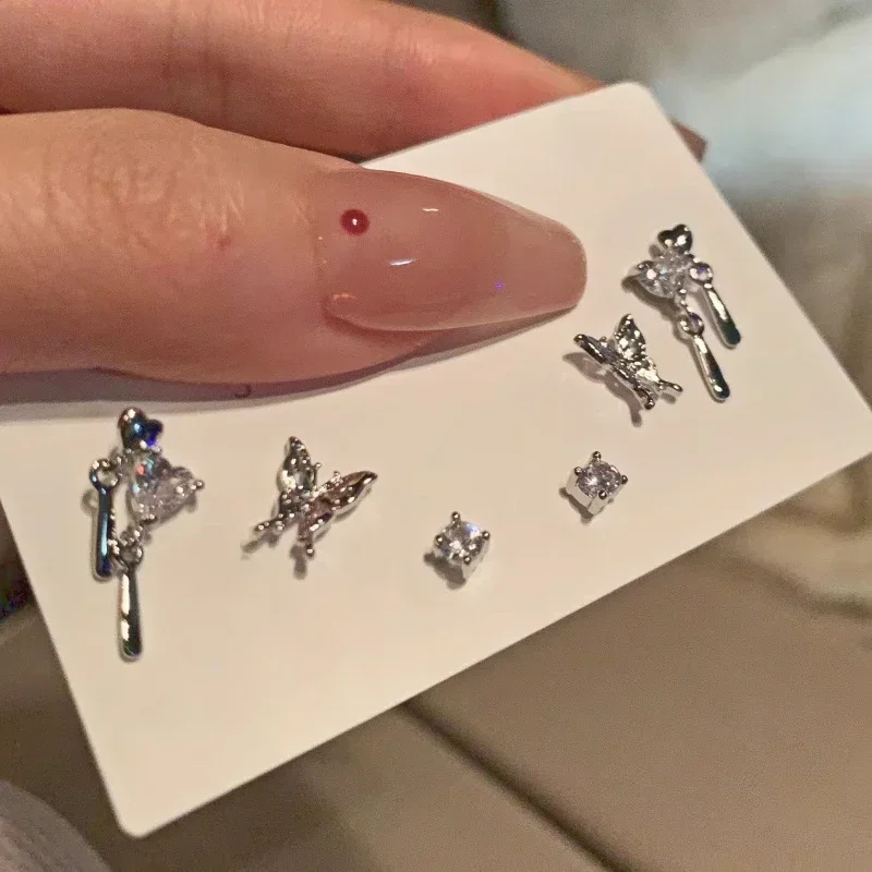 

Y2K 6Pcs/set Silver Color Rhinestone Butterfly Stud Earrings for Women Fashion Punk Heart Earring Sets 2023 Trendy Jewelry Gift