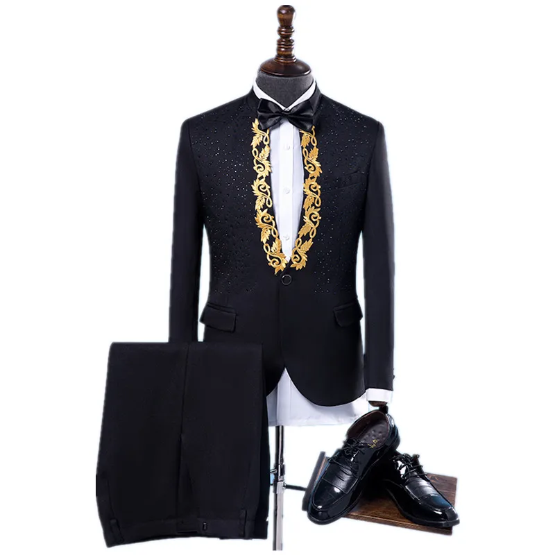 (jacket+pants) Male Singer Performance Host Stage Show Sets Wedding Party Dresses Fashion Embroidery Sequins Blazers Costume