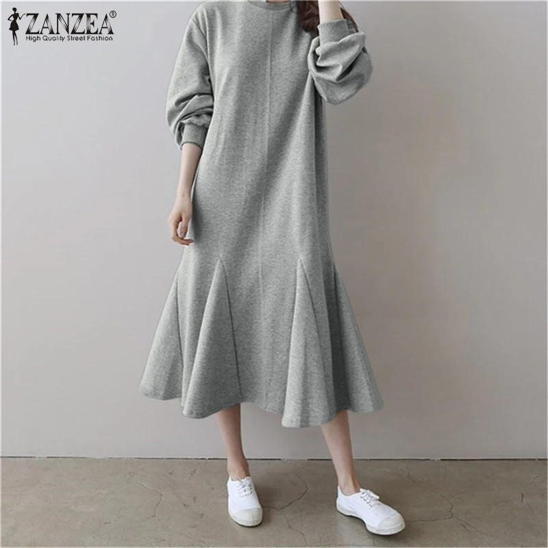 

2022 весна осень ZANZEA женский свитер миди Vestido рыбий хвост платья с пышными рукавами сарафан оверсайз Повседневный однотонный халат трапециев...