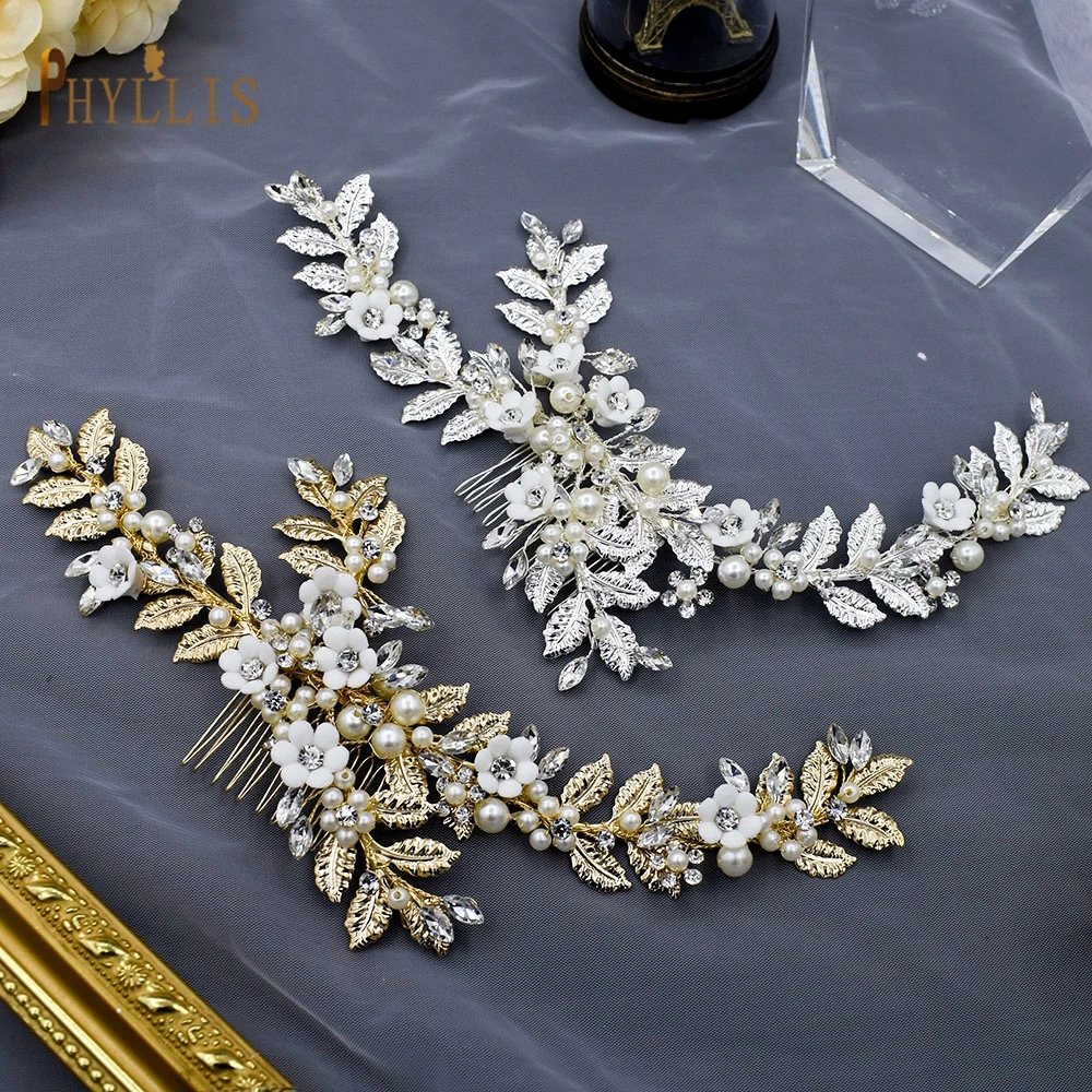 

A283 Wedding Comb Alloy Leaves Women Hair Clips Ceramic Flower Bridal Headwear Luxury Bride Tiara Rhinestone Women Headpieces